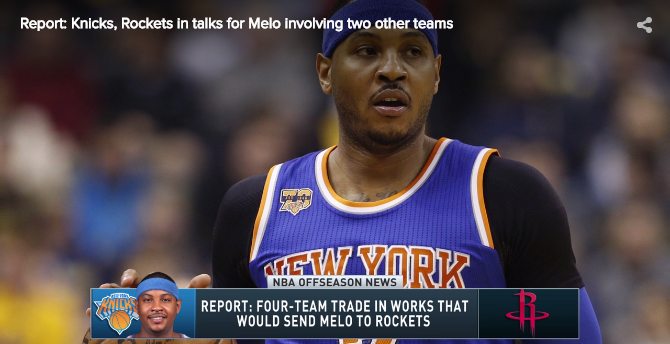 Report: Knicks, Rockets exploring four-team trade involving Carmelo Anthony